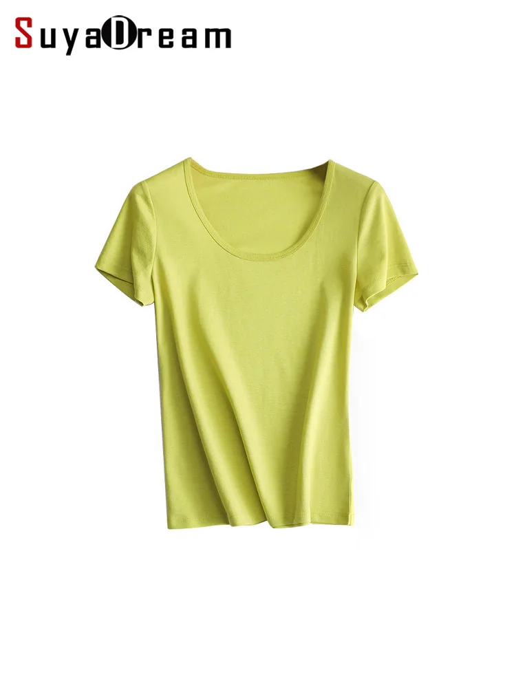 

SuyaDream 2022 Woman Summer Tee Silk Acetate Blend U Neck Slim Waisted Solid Cosy T Shirt Candy Colors Top