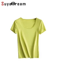 SuyaDream 2022 Woman Summer Tee Silk Acetate Blend U Neck Slim Waisted Solid Cosy T Shirt Candy Colors Top