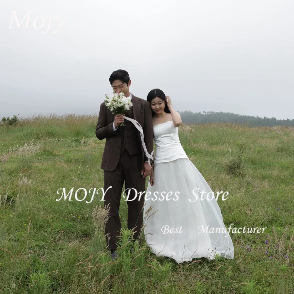

Mojy Simple A Line Korea Women Wedding Dresses Photo shoot Strapless Floor Length Lace Up Back Bridal Gowns Plus Size