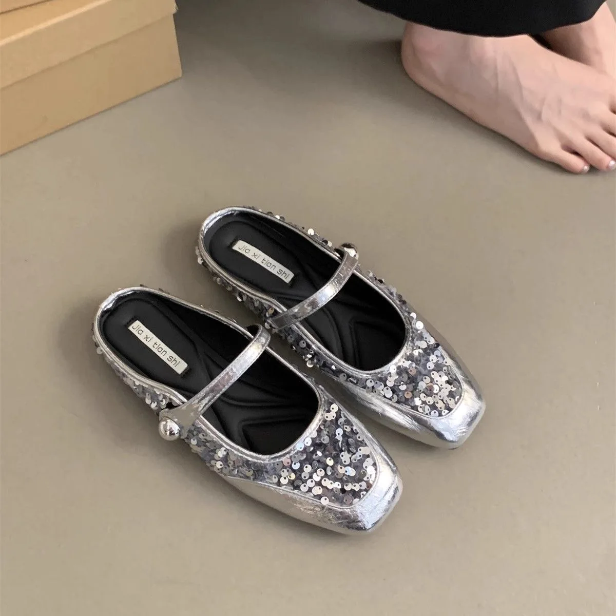 Flat Silver Sequin Half Slipper Women\'s Shoes Over The 2024 Spring/summer Style French Half Shoe Slippers  Women Shoes