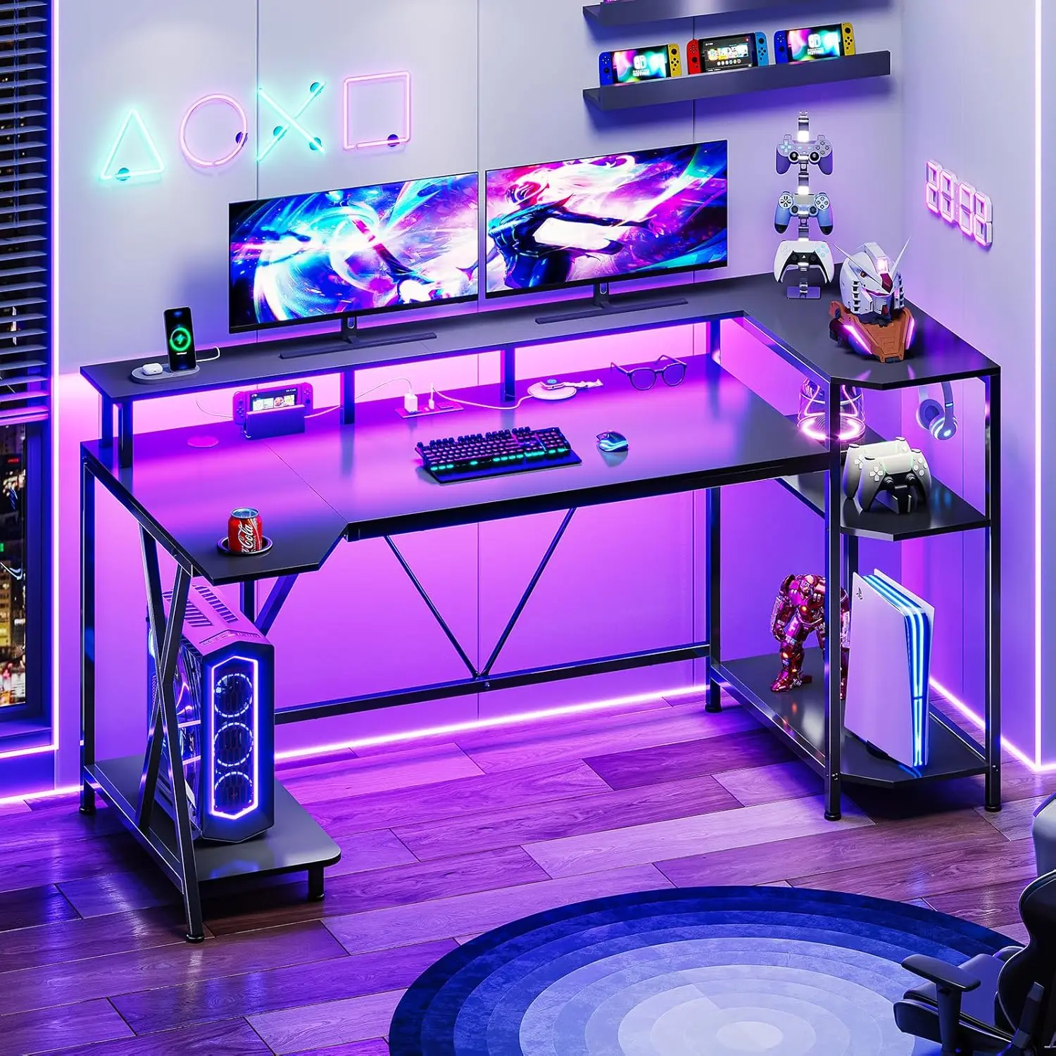 55" Gaming Desk LED Lights Storage Shelves Monitor Stand Power Outlets Cup Holder Bedroom Living Room Black, Customized