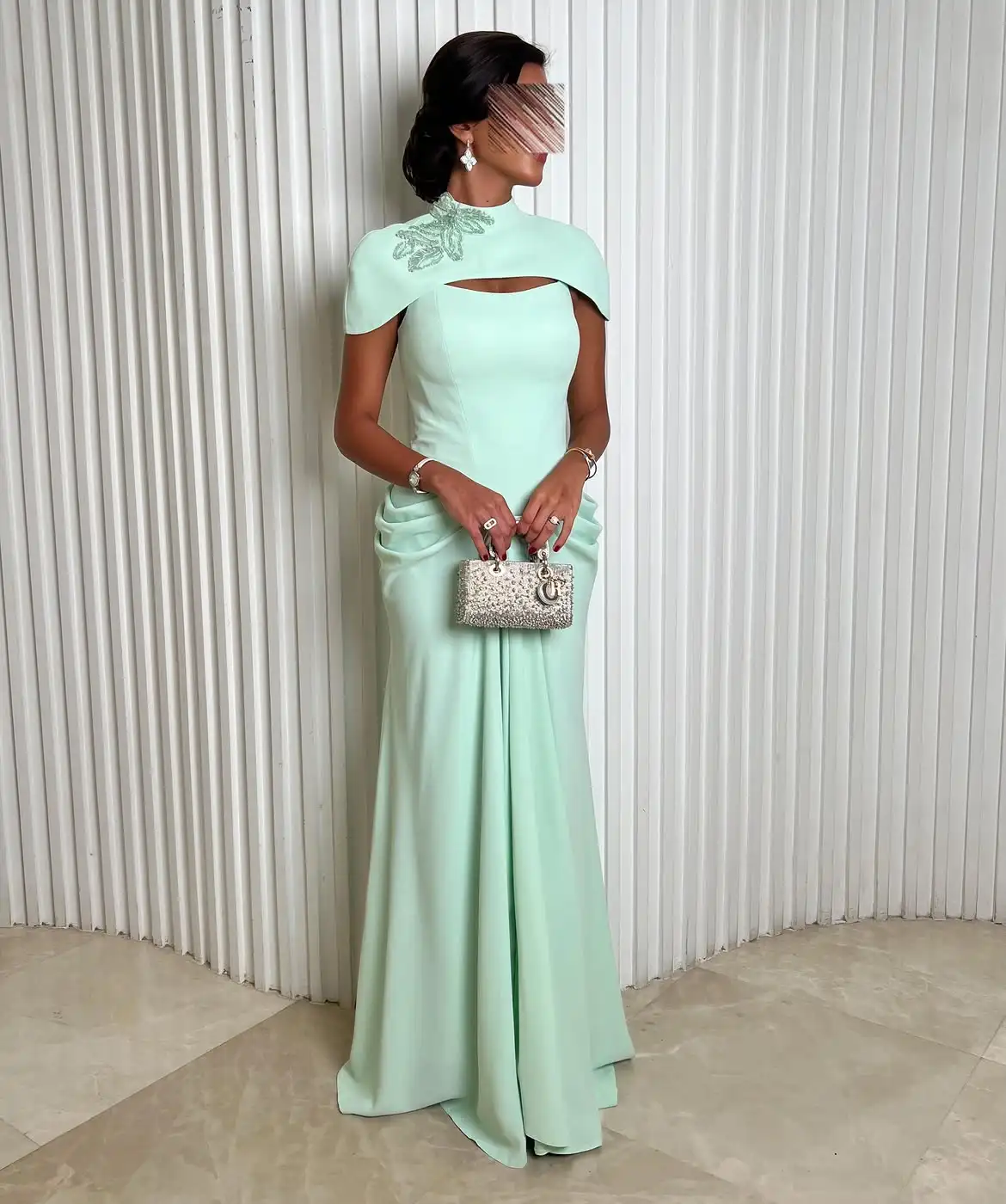 Mint Green Crepe Mermaid Evening Maxi Dress Stand High Neck Detachable Cape Shrug Chest Cutout Hand Beaded Floral Applique Side