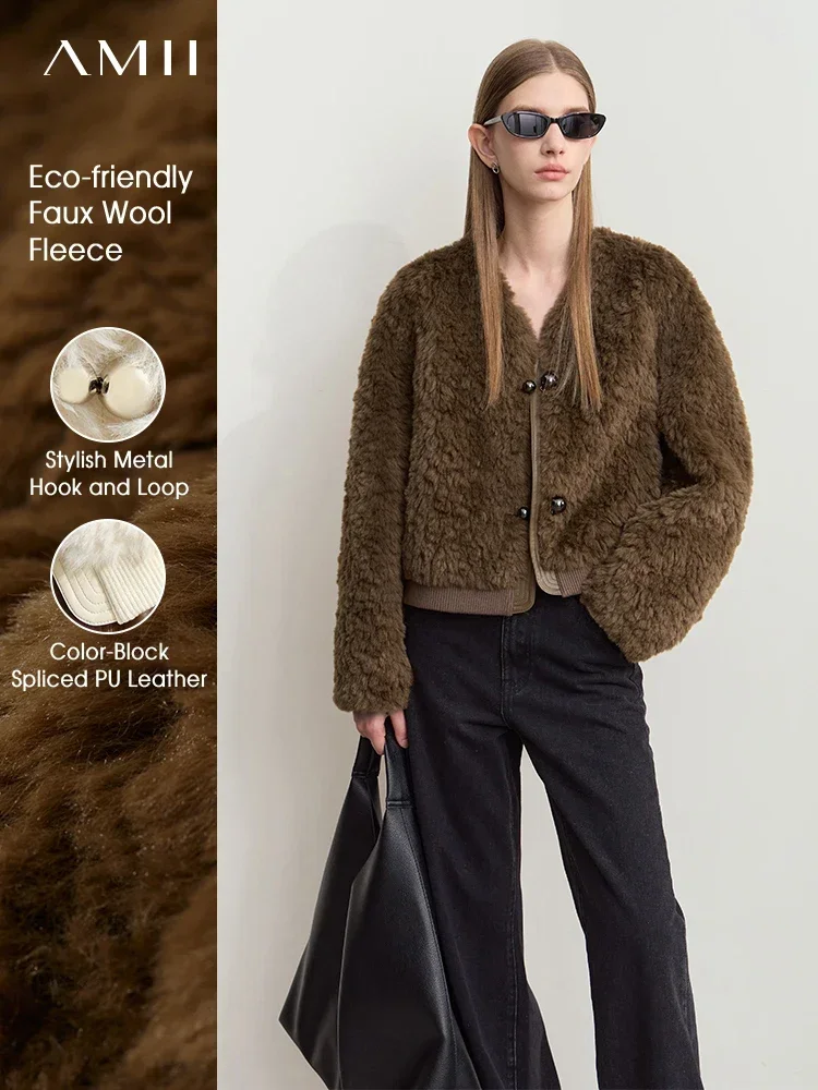Amii Women's Fleece Fur Coat Commuter V-neck Metal Hook Buckle 2026 Winter Granular Plush Warm Jacket Woman Loose Coats 12424013