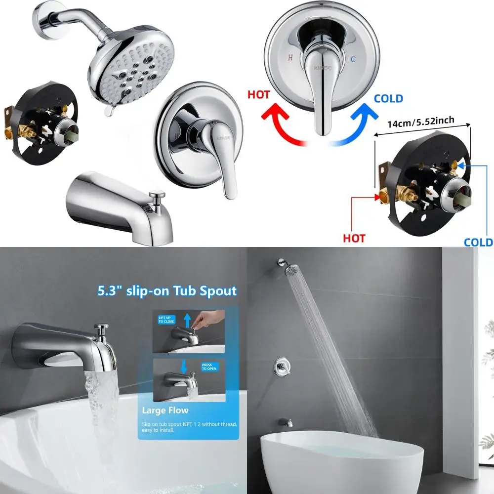 

Single-Handle 5-Inch Bathtub Shower Faucet Set with 5+1 Functions, Chrome Finish, Shower System for Modern Bathrooms