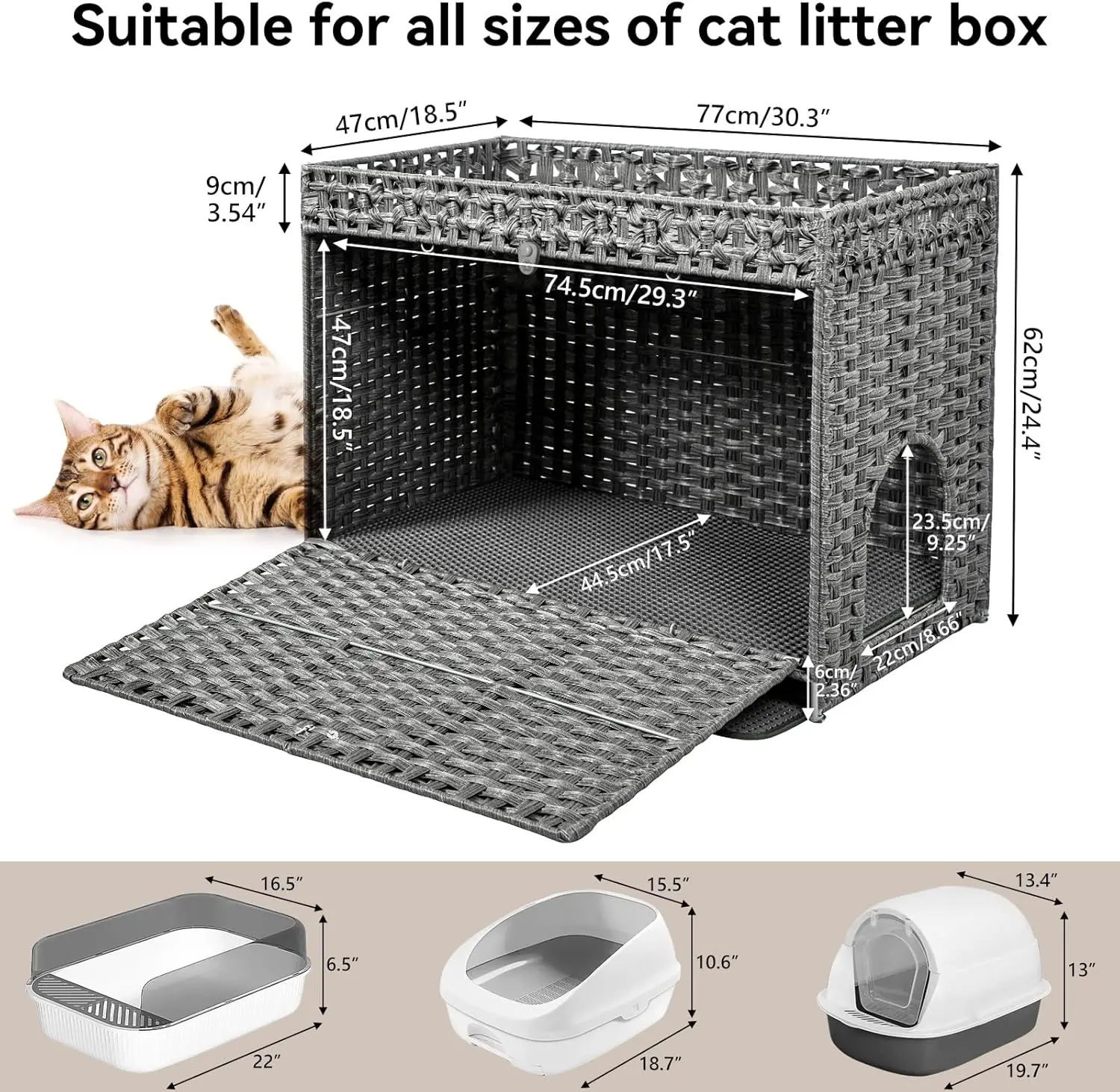 

Cat Litter Box Enclosure Hidden, Pet House Litter Box Furniture for Large Cats, Handwoven Rattan with Door Cat Washroom Box
