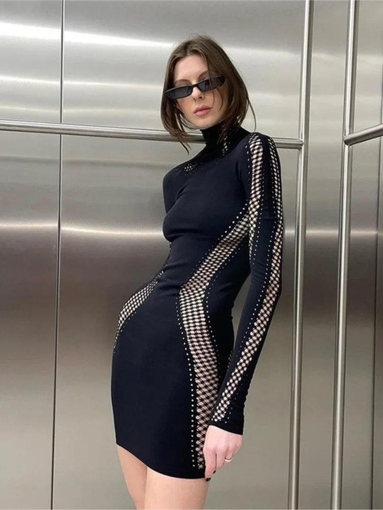 

Dresses 2025 Woman New Spring Sexy Half-high Neck Long-sleeved Slim Hollow Solid Color Short Dress Elegant Simple Style Vestidos