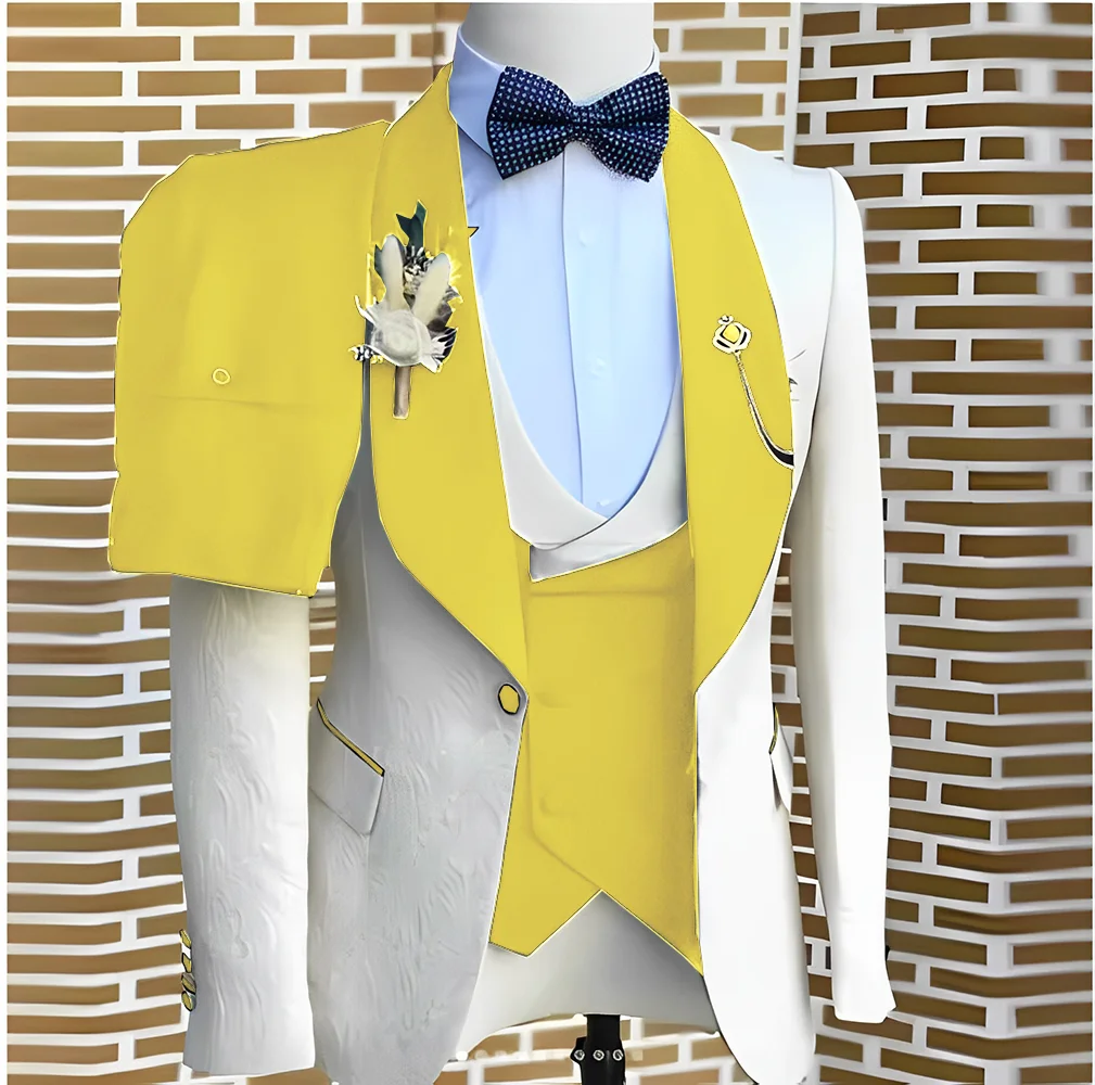 Elegant WhiteJacquard Suits Men For Wedding Formal Jacket Vest Pants 3 Pieces Groomsman Tuxedos Tailored Male Fashion Clothing