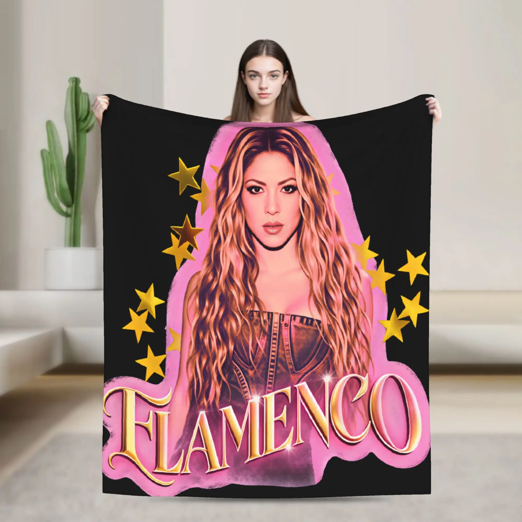 Shakira Pink Sticker Style Portrait Golden Star Blanket Warm Throw Blanket Spring Travel Office Bedroom Novelty Bedspread