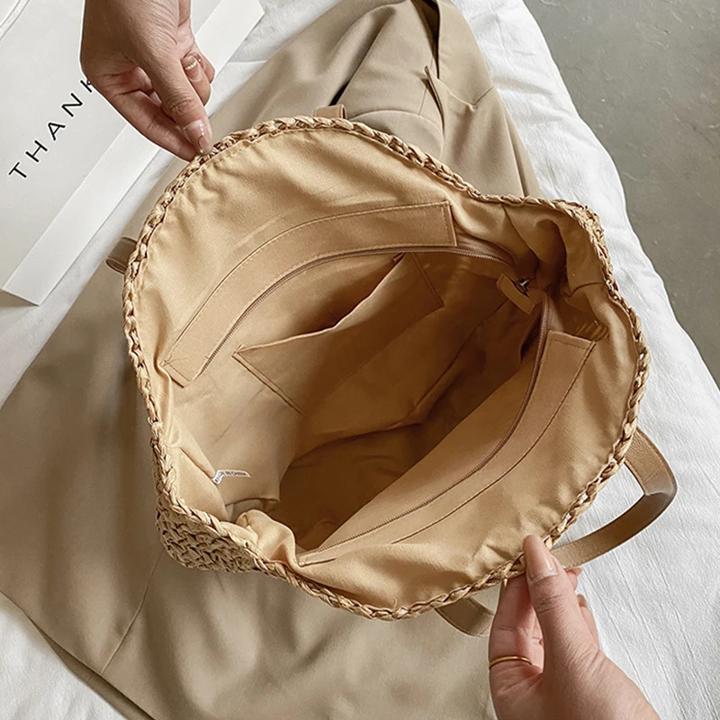 الصيف حقائب القش المستديرة للنساء الروطان حقيبة كتف السفر اليدوية المنسوجة حقائب الشاطئ الإناث سعة كبيرة حقيبة اليد #5