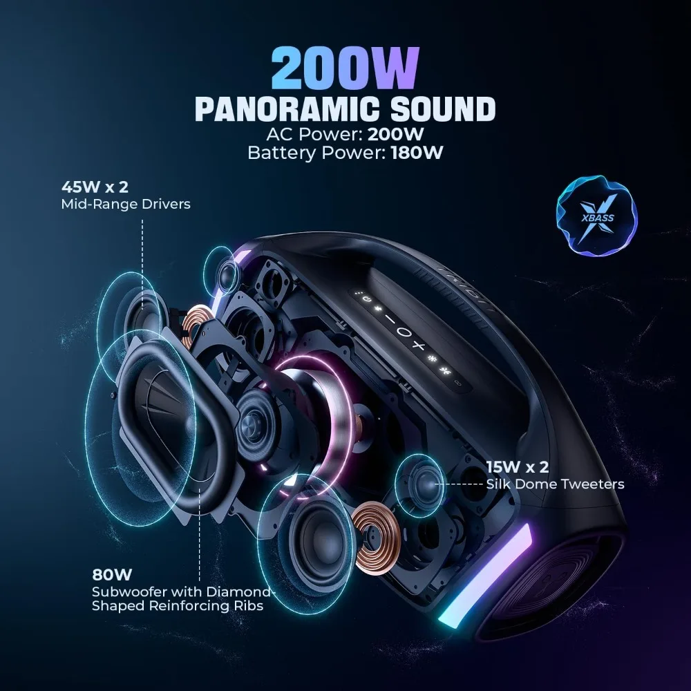 مكبر صوت بلوتوث محمول - StormBox Blast 2، مكبر صوت لاسلكي محمول بقدرة 200 وات مع مضخم صوت، XBass، ضوء LED، Bluetooth5.4