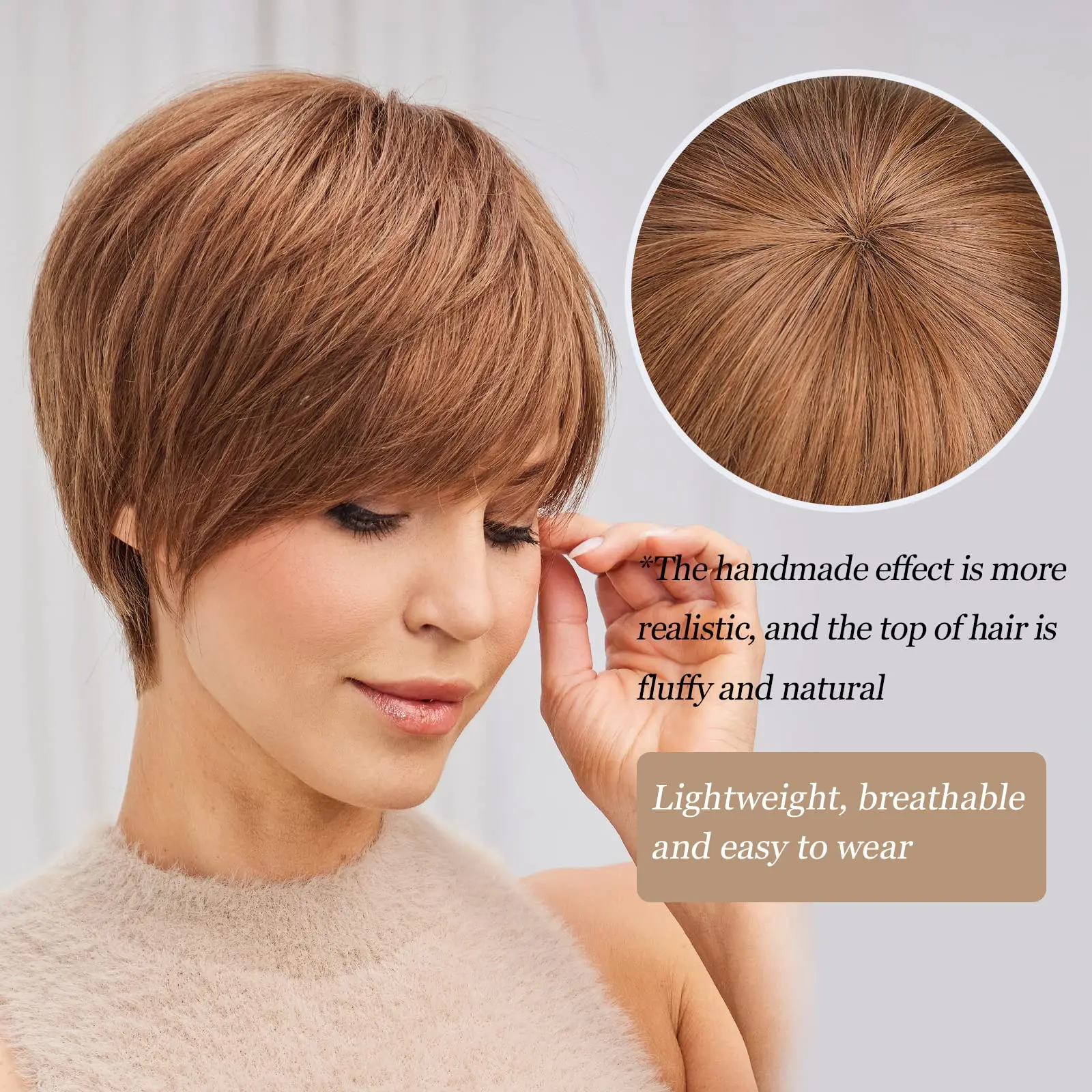 Golden Brown Short Bob Human Hair Wigs Pixie Cut Straight Layered Wigs with Bangs for Women Natural Human Hair Machine Made Wig