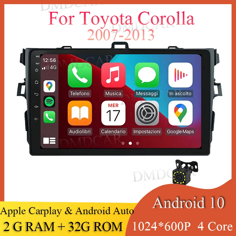 

Wired Apple Carplay For Toyota Corolla 2007 - 2013 2G+32G Android 10 Car Radio GPS Screen 2 Din android Auto WIFI 1024*600 P