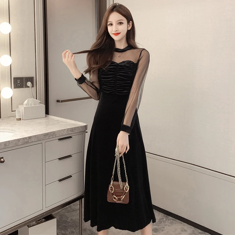 Spring Autumn Black Velvet Warm Pleated Mini Dress Wommen Patchwork Mesh Long Sleeve Sexy Dress 2024 Hepburn Elegant Casual Robe