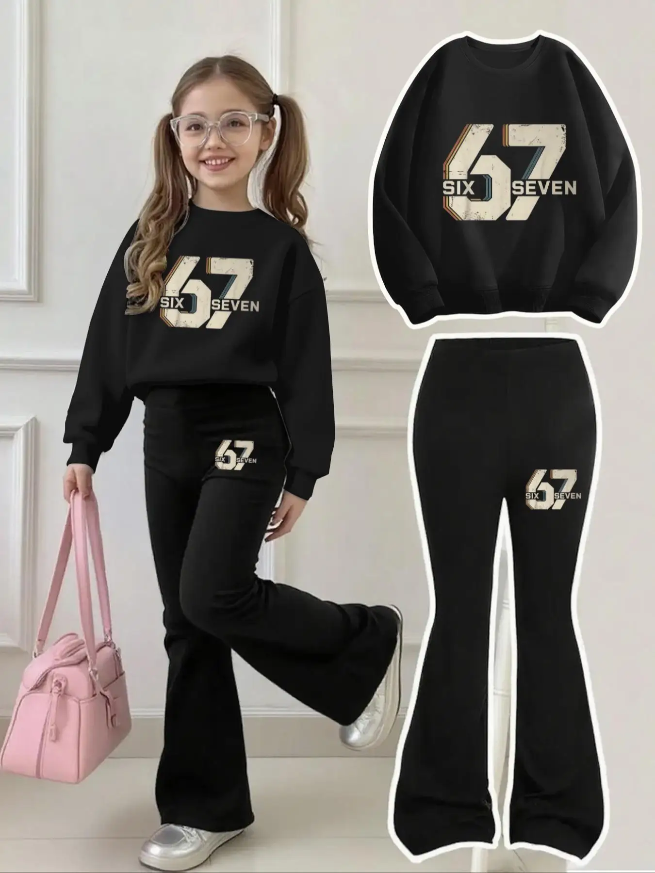 4-12 Year Old Girls' Retro Cool 67 Letter and Number Sweatshirt and Bell-Bottom Pants Set, Black Sweatshirt with Vintage-Style Printed 