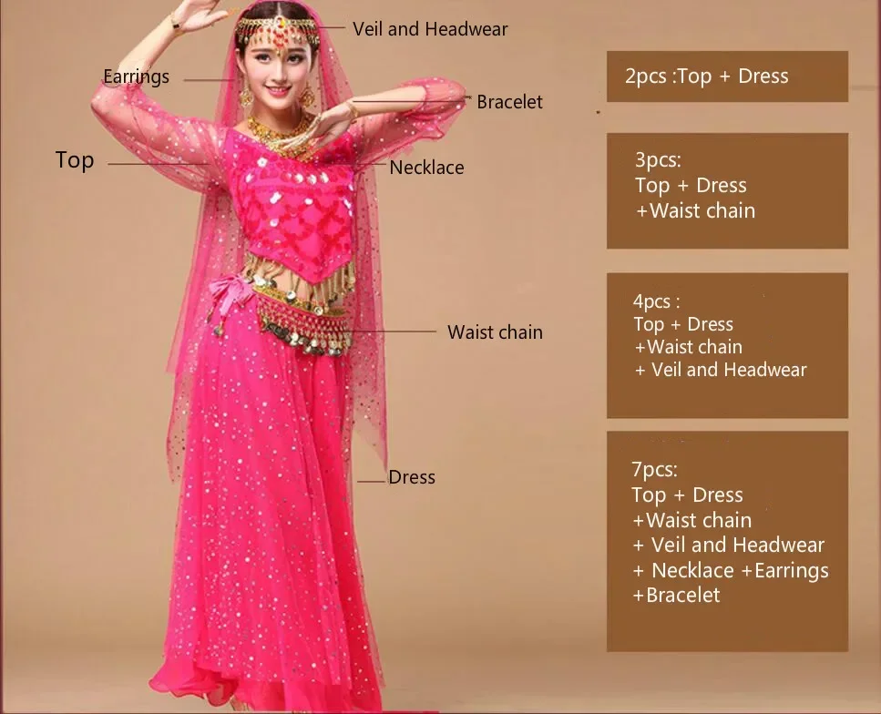 India Costumi di danza del ventre 6 colori Nuove donne adulte Costumi di Bollywood Donne Costume di danza del ventre Set Costumi di danza di Bollywood