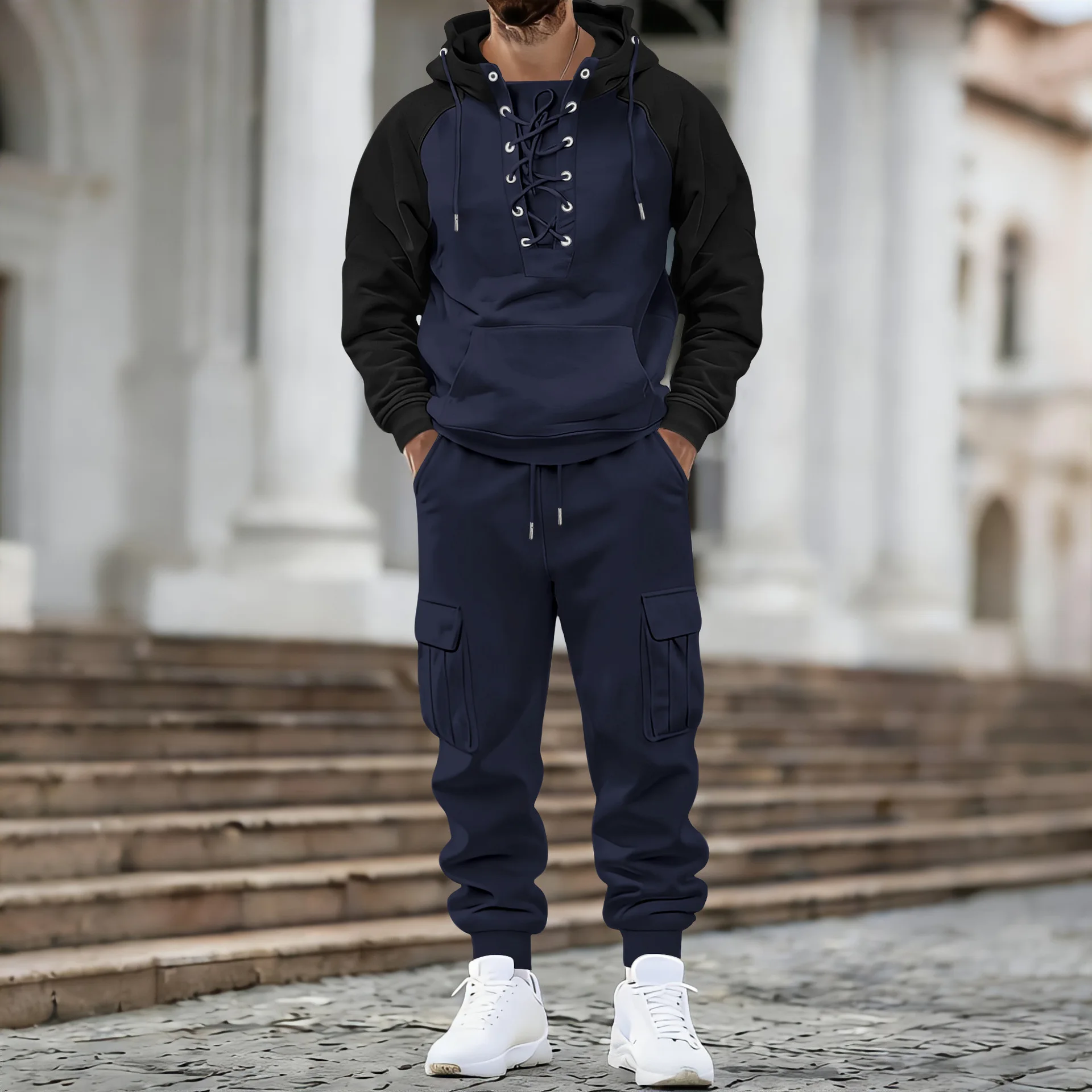 Herren Amerikanischer Oversize-Anzug mit Samtfutter Zweiteiliger Anzug mit Mehreren Taschen Arbeitskleidung Locker Sitzender Langarm-Oberteil und Hose Lässige Outdoor-Bekleidung – Detail 2