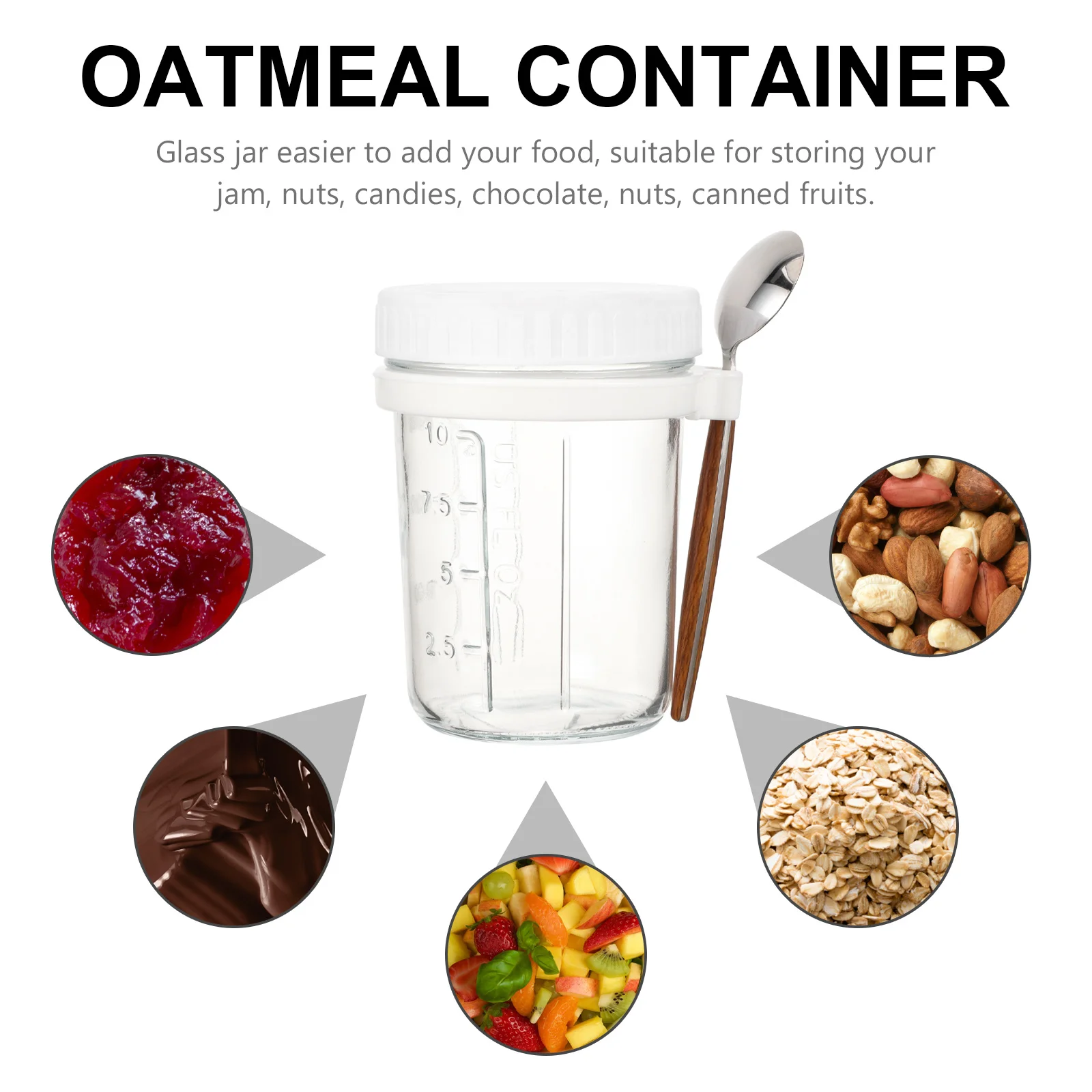 برطمان زجاجي لكوب الإفطار سعة 350 مل للشوفان طوال الليل مع غطاء وملعقة حاوية تخزين طعام متعددة الوظائف قابلة لإعادة الاستخدام وخالية من مادة Bpa #6