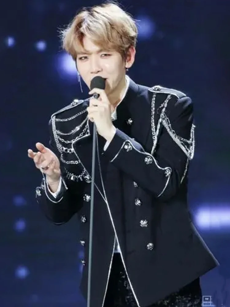 Bar Zanger Stage Performance Punk Hofjas Metalen kettingen Double Breasted Jas Sterconcert Show Stand Kraag Bovenkleding