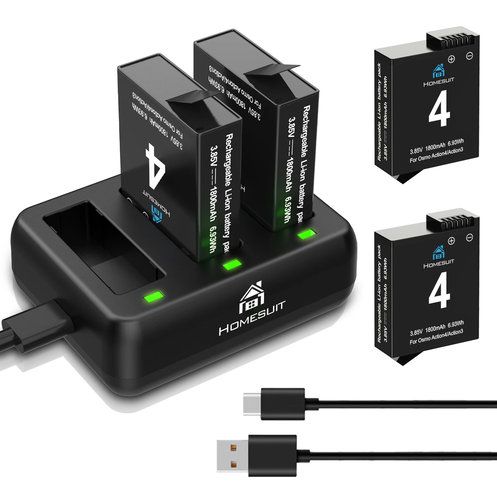 Osmo Action 4/3 Akku 1800 mAh und DREI Steckplätze LED-Ladegerät-Kit für DJI Osmo Action 4 / DJI