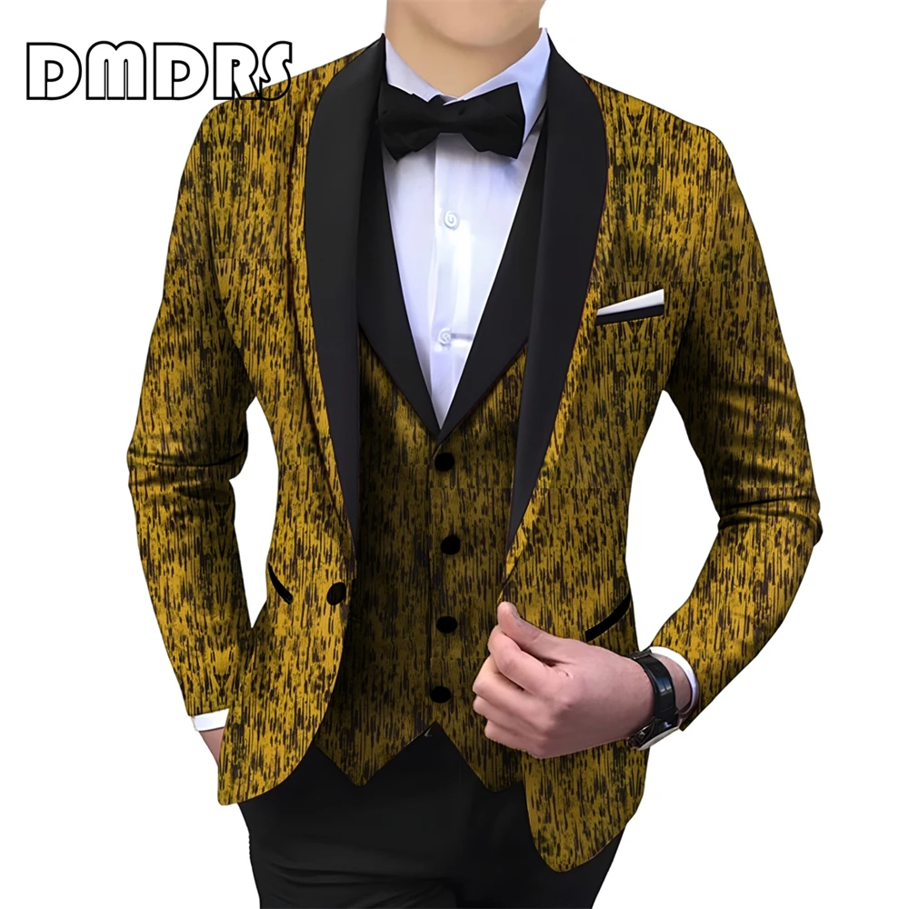 Dyeing Stripes Men's 3 Pieces Suit Set Jacket Pants Vest Shawl Neck Men Tuxedo Dinner Formal Suits Dresswear Groom