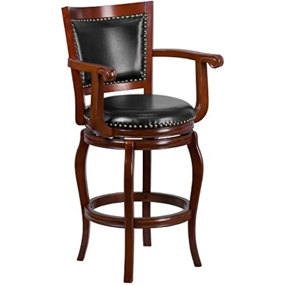 Sillas de café Vestina 30" LeatherSoft con reposapiés y brazos, respaldo de escalera clásico tapizado en madera de cerezo/sillas de cafetería negras