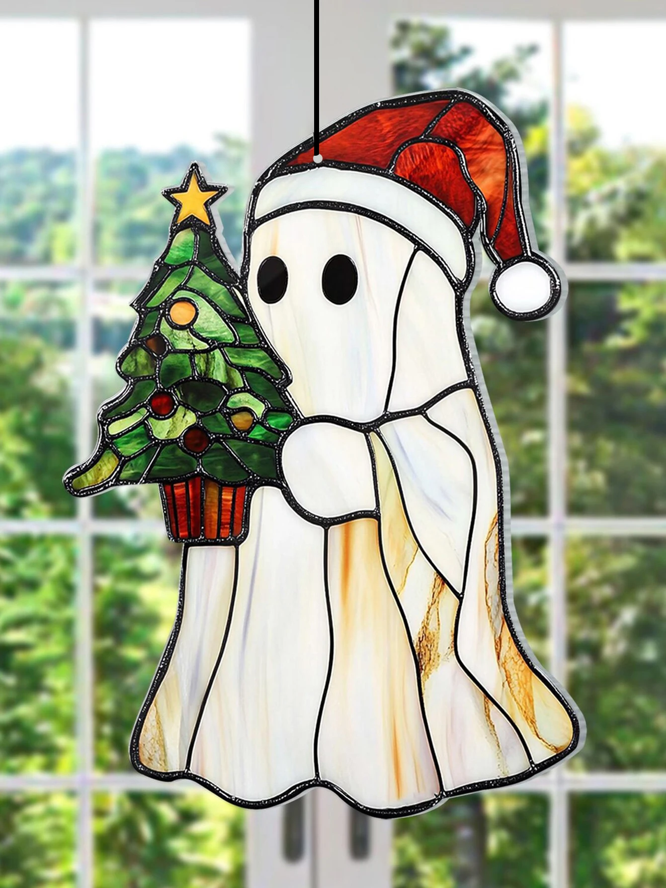 Weihnachtsgeister-Sonnenfänger aus Acryl, Weihnachtsmütze und Weihnachtsbaum-Hängeornament, Fensterdekor-Anhänger für Zuhause, festliches Party-Geschenk