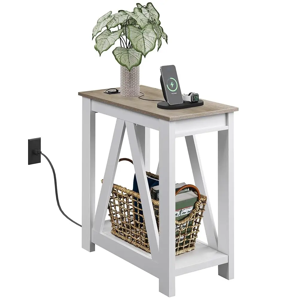 

Farmhouse End Table, Narrow Side Table With Charging Station, Slim End Table, Side Table For Bedroom, Living Room, Small