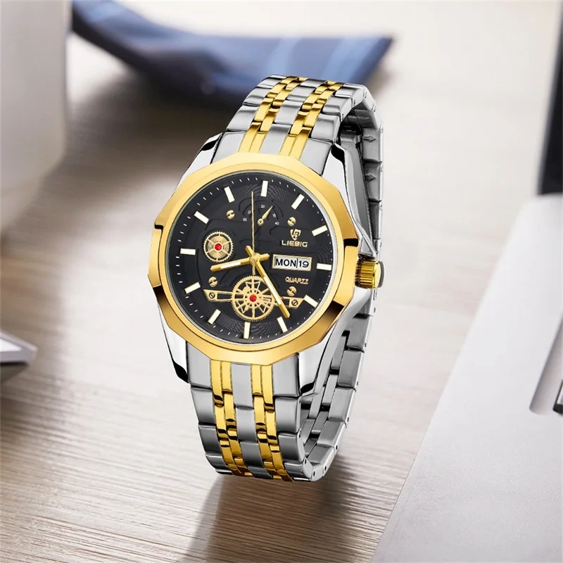 LIEBIG Watch For Men Quartz Movement Golden Top Brand Luxury Stainless Steel Strap Date Week Wristwatch Clock relogio masculino