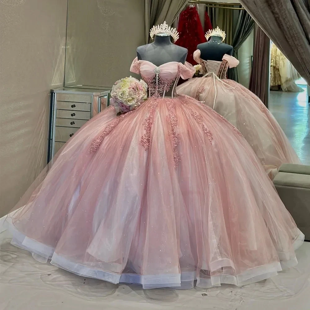 

Розовые платья Quinceanera с открытыми румянами и корсетом на шнуровке, блестящая аппликация, милые платья принцессы, дебютантки