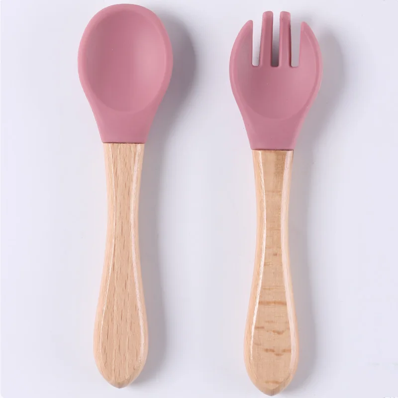 Bebê alimentação colher garfo conjunto de madeira Handle Spoon garfo Colheres de ponta de silicone macio BPA livre grau alimentício para crianças, 2pcs