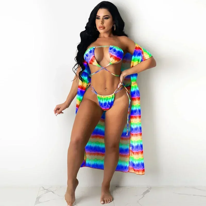 KEXU Fashion Rainbow Colorful Striped Print Bikini Suit 3 Piece Set Bra and Short Sleeve Cover Outwear Sexy Beach Swimwear