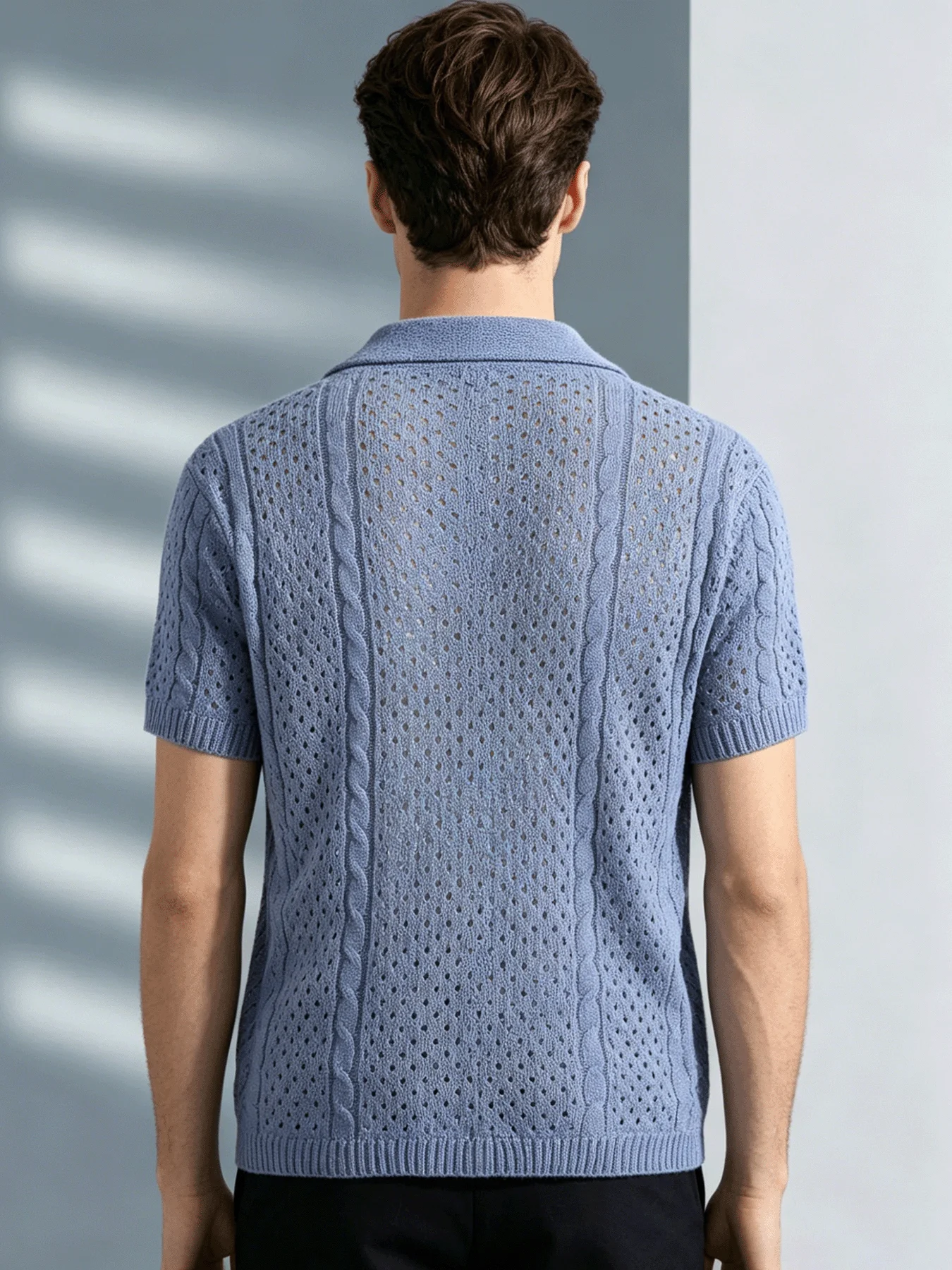 Summer Men Breathable Hollow Knit Polo Shirts Short Sleeve Lapel Button Up Cable Knit Cardigan See Through Thin Knitted Top Male
