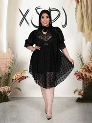 Women Lace Patchwork Mesh Dress Summer Sexy See Through Dress Transparent Black Dot Pattern Dress Plus Size Female Clothing