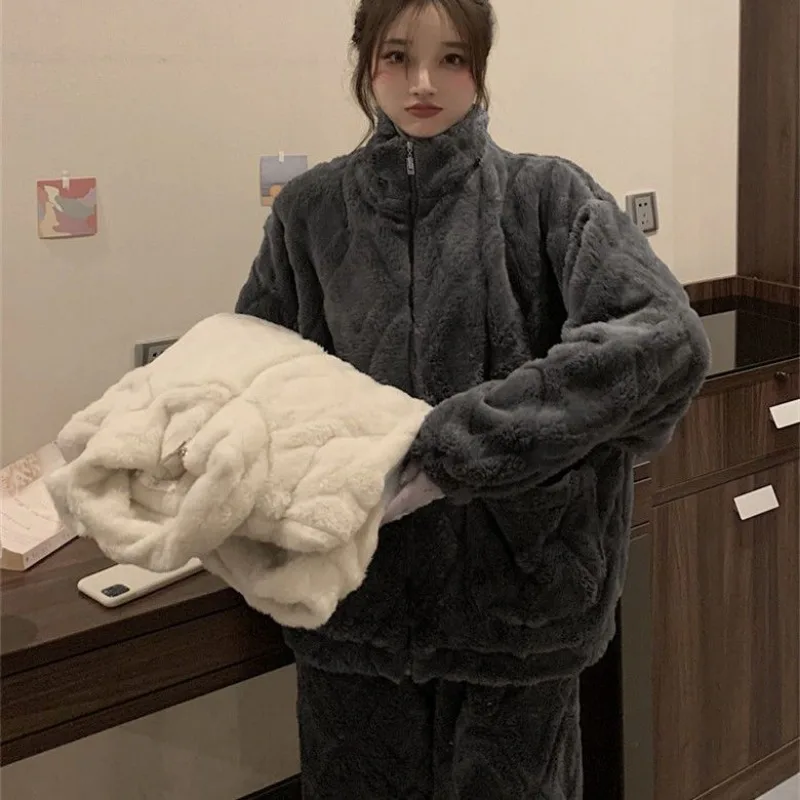 Autumn Winter Velvet Sleepwear Women Pajamas Sets Zipper Jacket Long Sleeve Pants Flannel Two-piece Suits Warm Loungewear Pajama