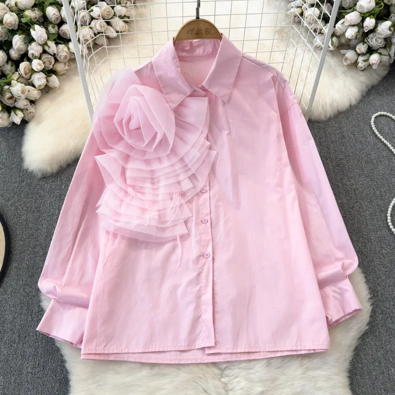 OCEANLOVE 3D Flower Shirts&blouses Women Tops Solid Korean Fashion Vintage Spring Blusas Mujer Ruffles Elegant Sweet Camisas