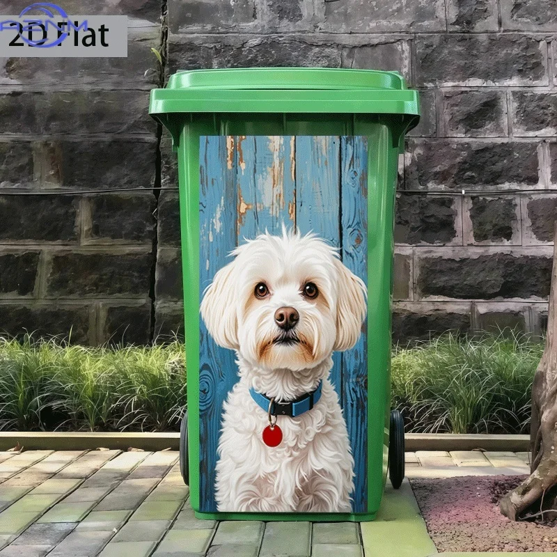[2D Flat Printing] 1pc Trash Can Sticker [] White Fluffy Puppy Gazing Theme Design Self-Adhesive Kitchen Trash Can Decoration