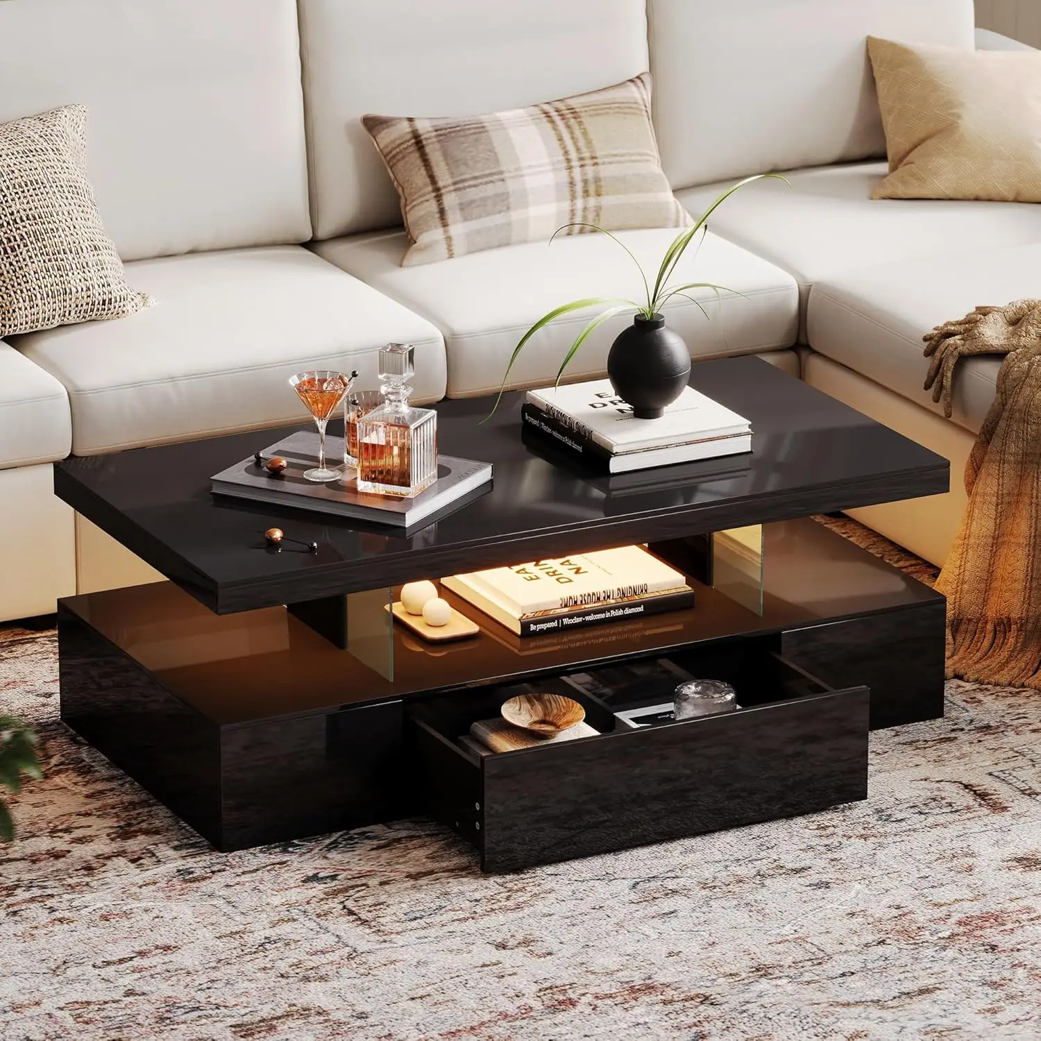 Modern LED Coffee Table, High Glossy Coffee Table with Drawer, Black Coffee Table with Storage for Living Room, Bedroom