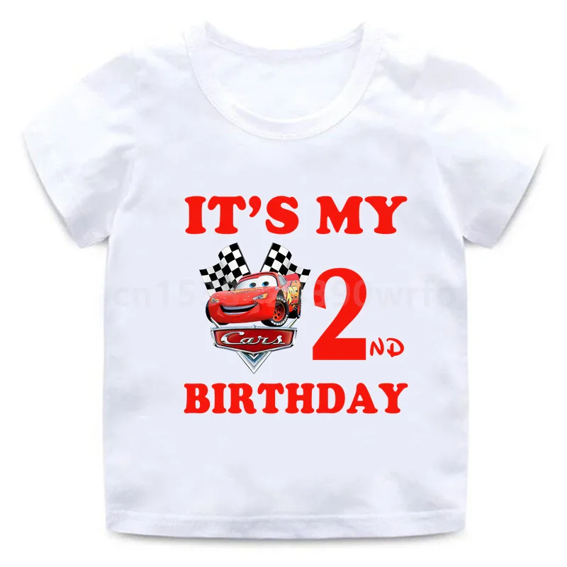 T-shirt joyeux anniversaire Pixar Rains Mcqueen pour enfants, chemises imprimées blanches, cadeaux unisexes pour enfants, vêtements pour enfants, c'est mon anniversaire