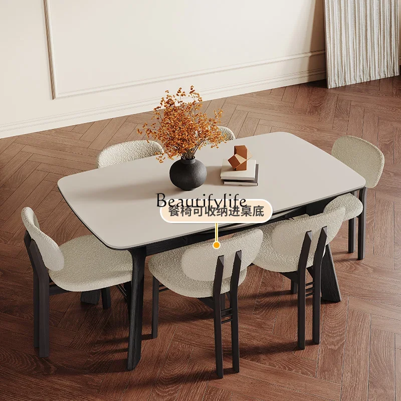 

Retro retractable solid wood dining table variable round table medieval pure white matte rock slab dining table