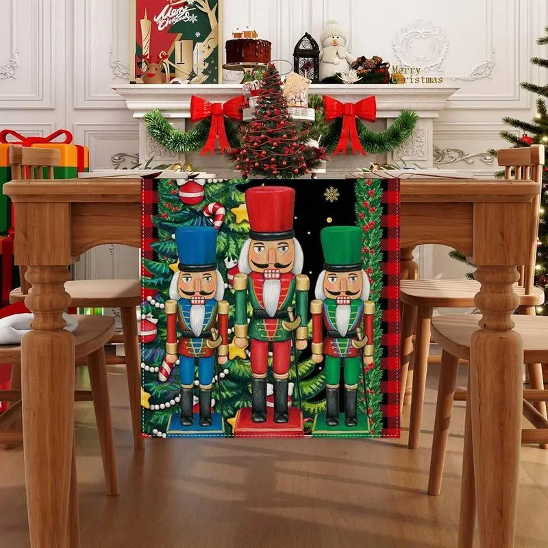 VIKAMA Xmas Nutcracker Soldier Table Runner Buffalo Plaid Christmas Tree Pattern Table Cover Home Dining Decoration