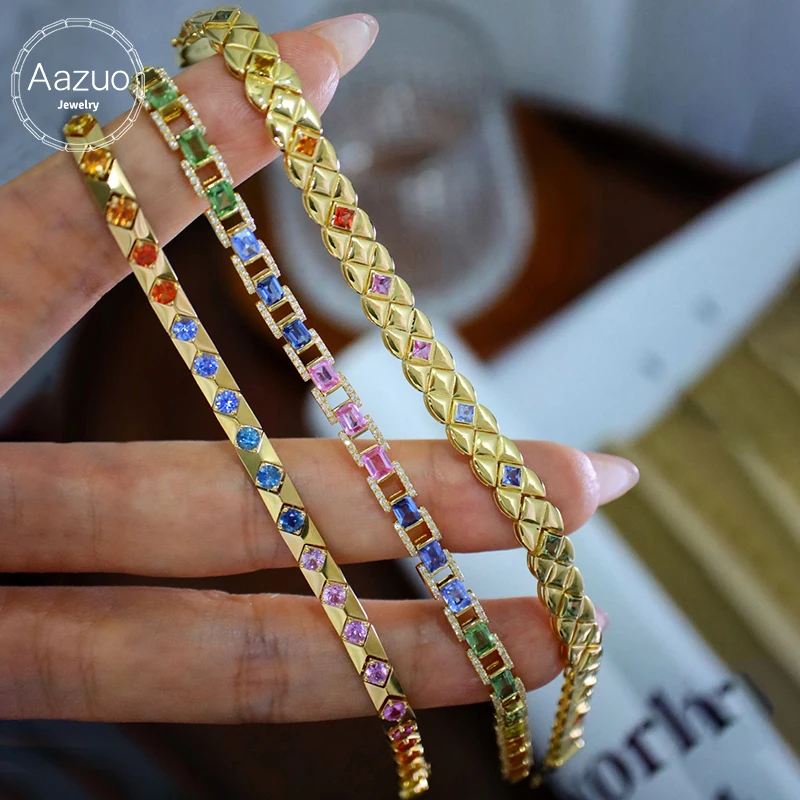 Aazuo Vintage Luxury 18K Yellow Gold Natrual Color Sapphire Rainbow Square Bracelet For Woman Upscale Trendy Engagement Party