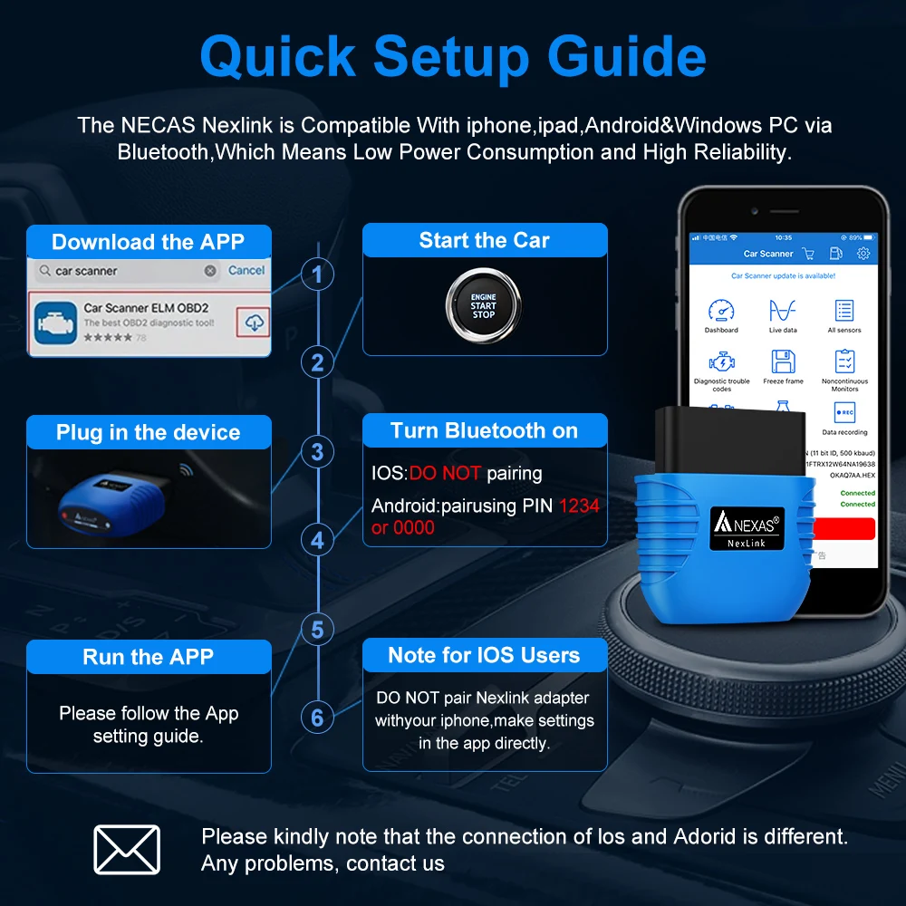 NEXAS NexLink بلوتوث 5.0 Obd2 EOBD ماسح ضوئي للسيارات لنظام التشغيل iOS أندرويد ويندوز قارئ رمز الخطأ أداة مسح ضوئي تشخيصي