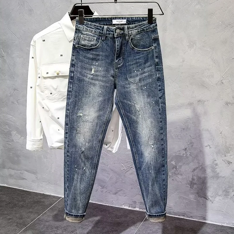 Men's Retro Washed Elastic Nine Point Jeans New Straight Slim Fitting Small Feet Denim Pants Men Stretch Trousers