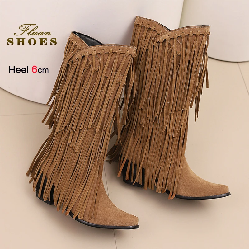 

Versatile Thick High Heel Suede Tassel boots 6CM Chunky Heels Autumn Tall Boots For Women Plus Size Fashion Western style Shoes