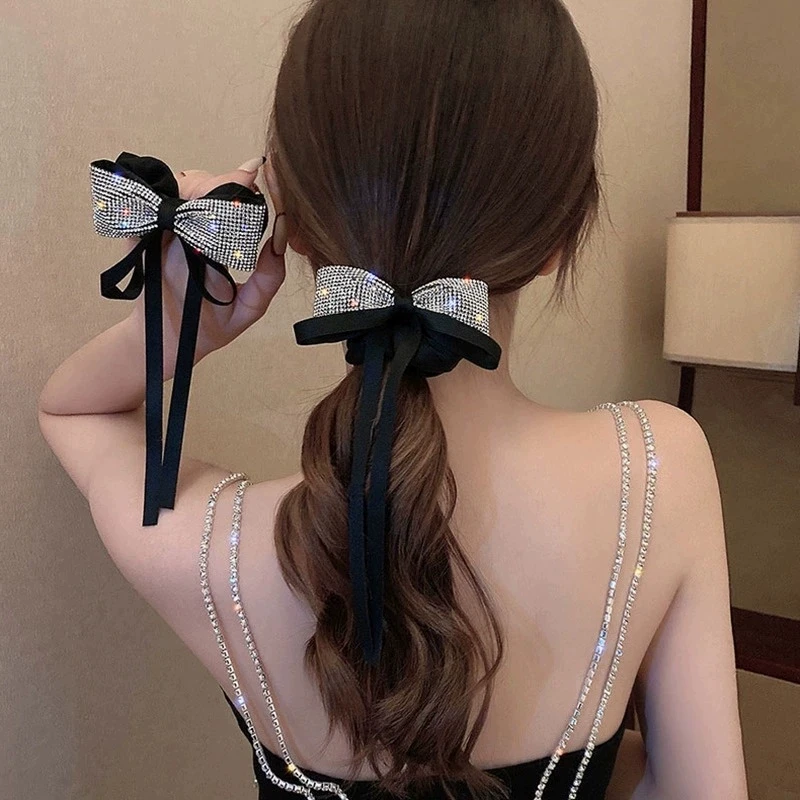 

New Style Bow Hair Rope, Sparkling Diamond Tassel Hair Accessories, High J-Sense French Large Intestine Hair Band, Rubber Band