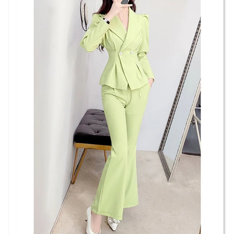 Spring Autumn Women Green Blazer Pants Two Piece Set Korean Office Lady Graceful Slim Coat Flare Trousers Suit Jacket Outfits