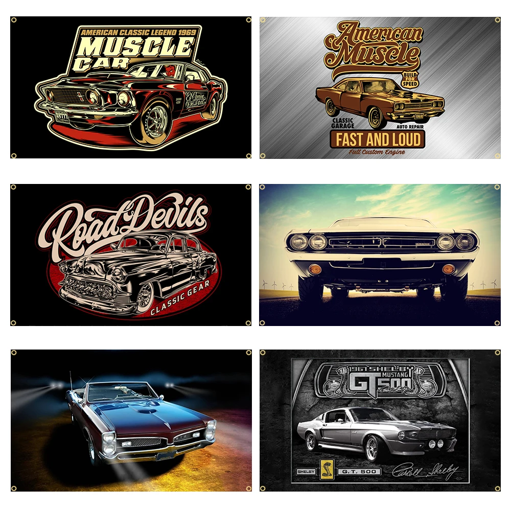 Retro American Muscle Car Tapestry Vintage Racing Wall Hanging Garage Man Cave Decor Bedroom Art Elevate Space without flagpole