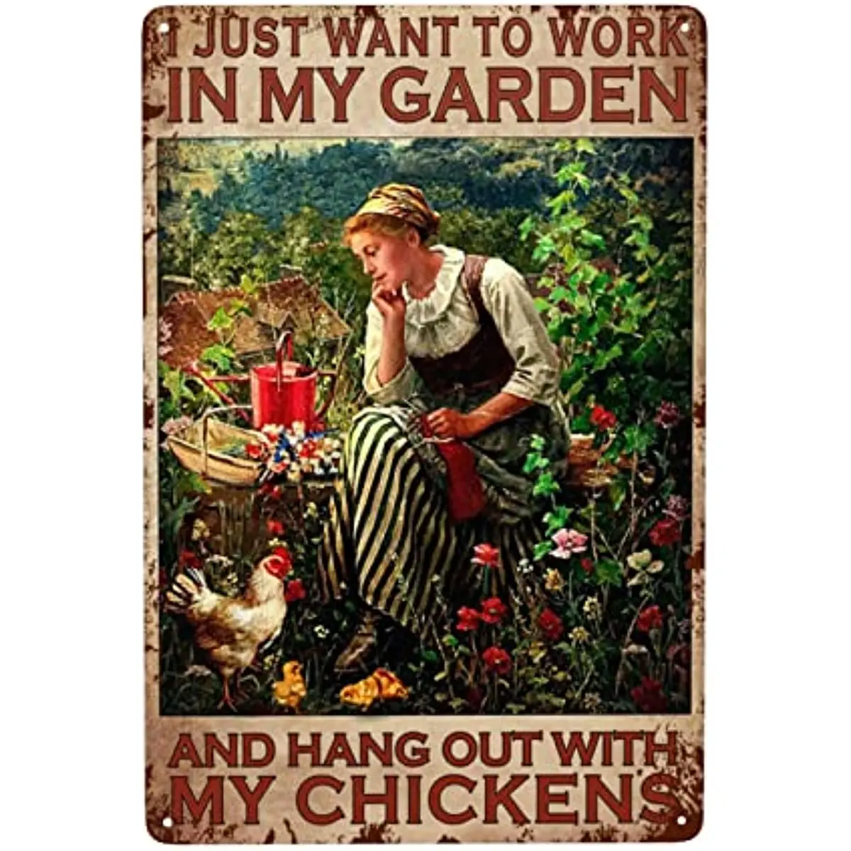 Girl Farm Chicken Metal Tin Sign Just Want To Work In My Garden and Hang Out with Chickens Poster Wall for Bar Coffee 8x12 In