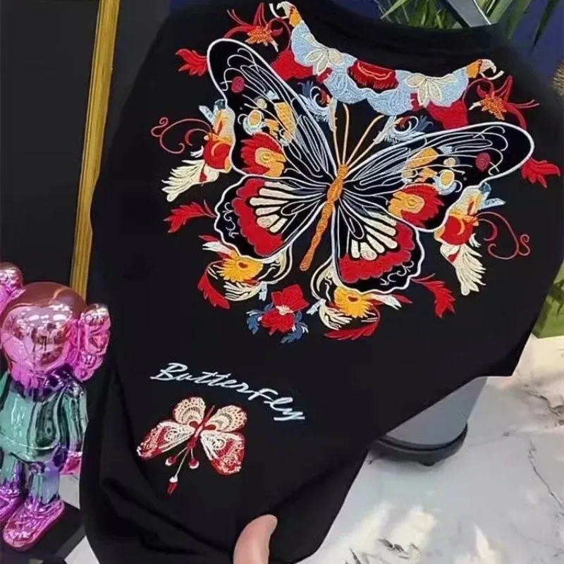 

2025 New Classic China-Chic National Style Top Heavy Craft Butterfly Embroidery Round Neck Casual Versatile Short Sleeve T-shirt