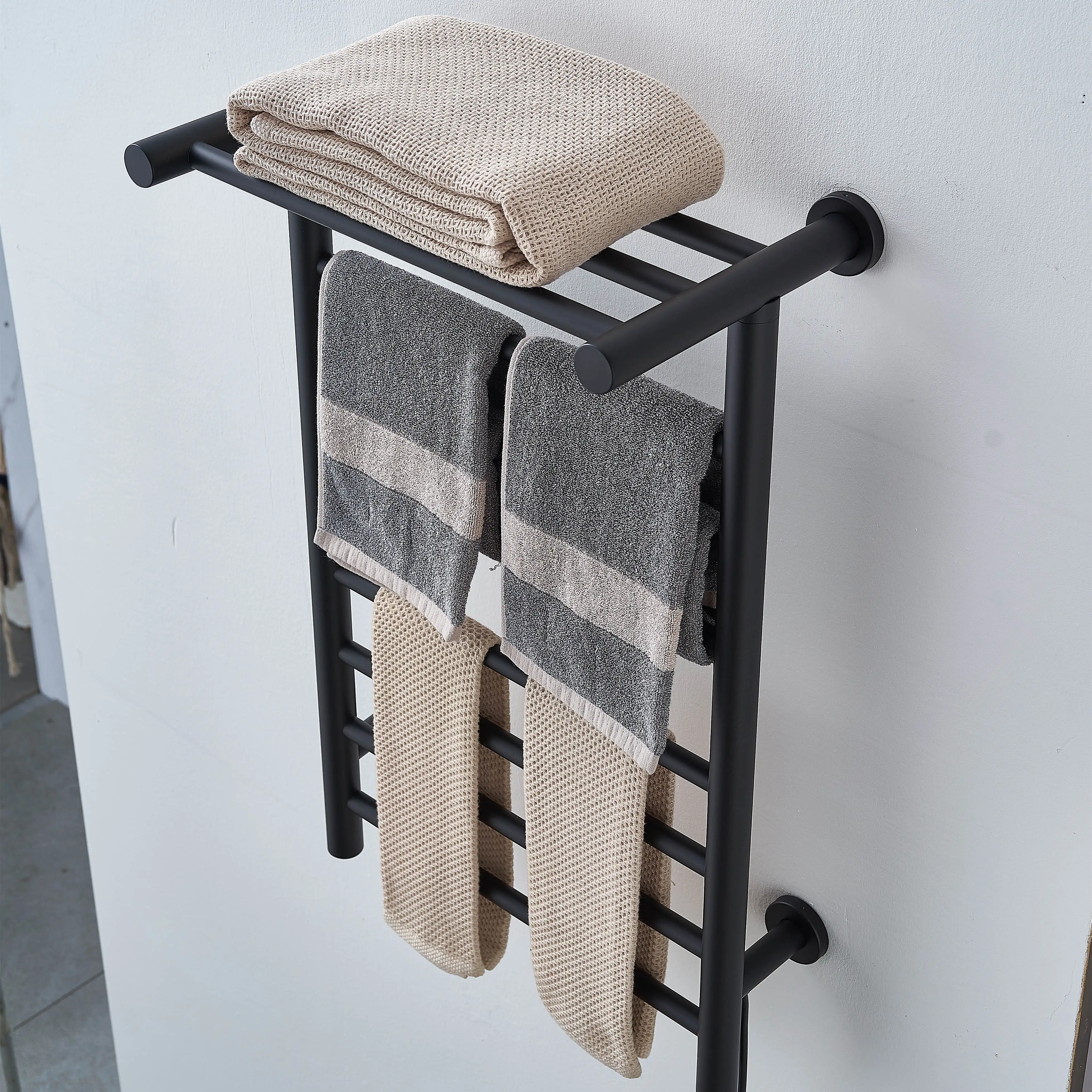 Bathroom Electric Towel Rack Rail 304 stainless steel One-button Start Constant Temperature 55° With Shelving Black Towel warmer